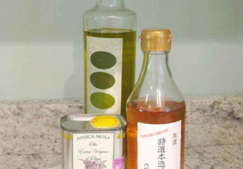 Easy Upgrade: Olive Oil Bottles On A Platter